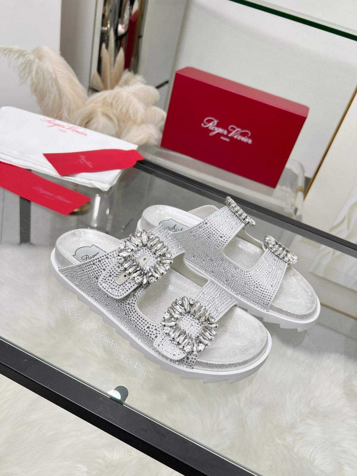 Viv 25 Slidy Diamond Slippers Silver PVC Silk Cowhide 259288