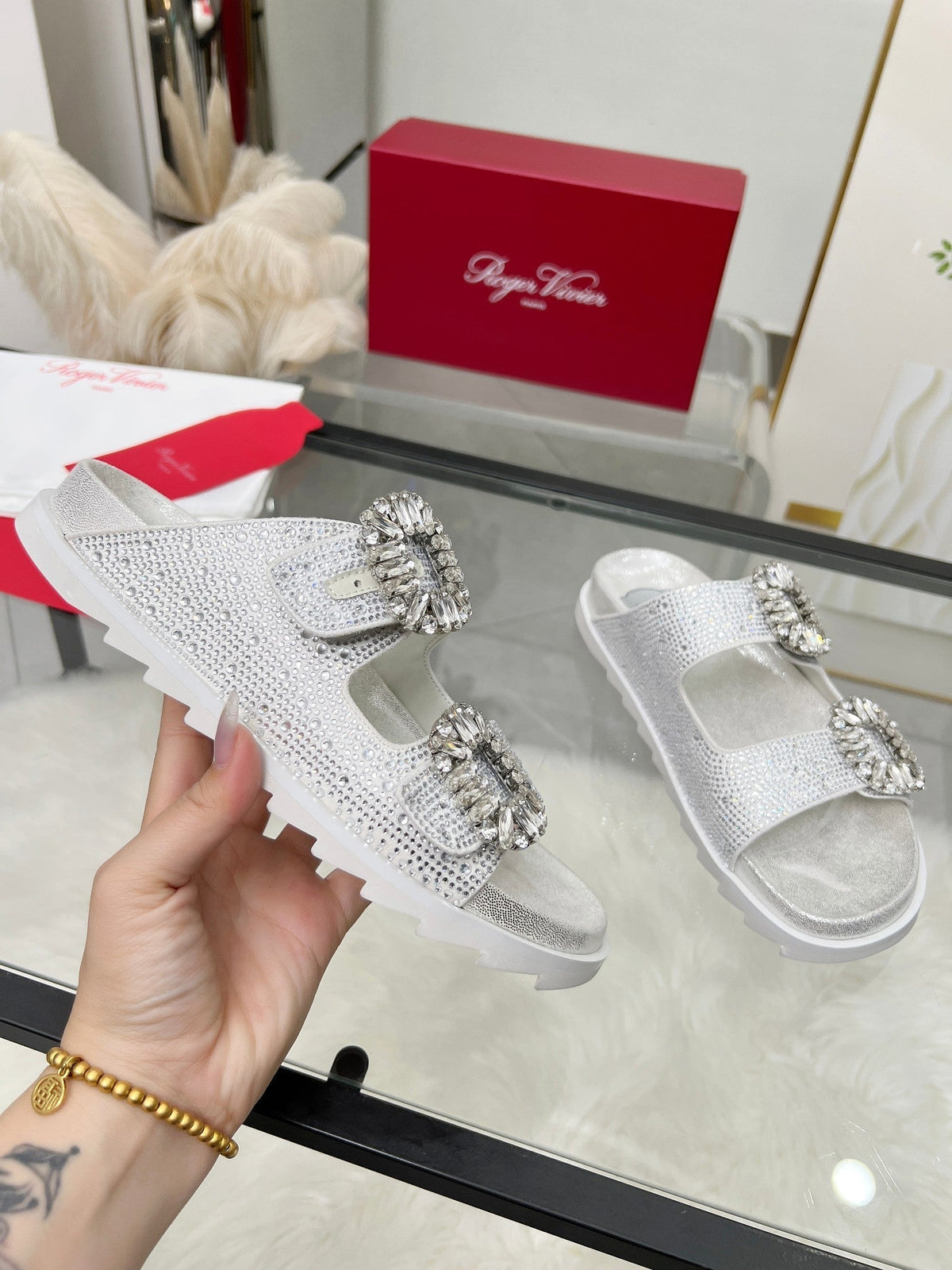 Viv 25 Slidy Diamond Slippers Silver PVC Silk Cowhide 259288