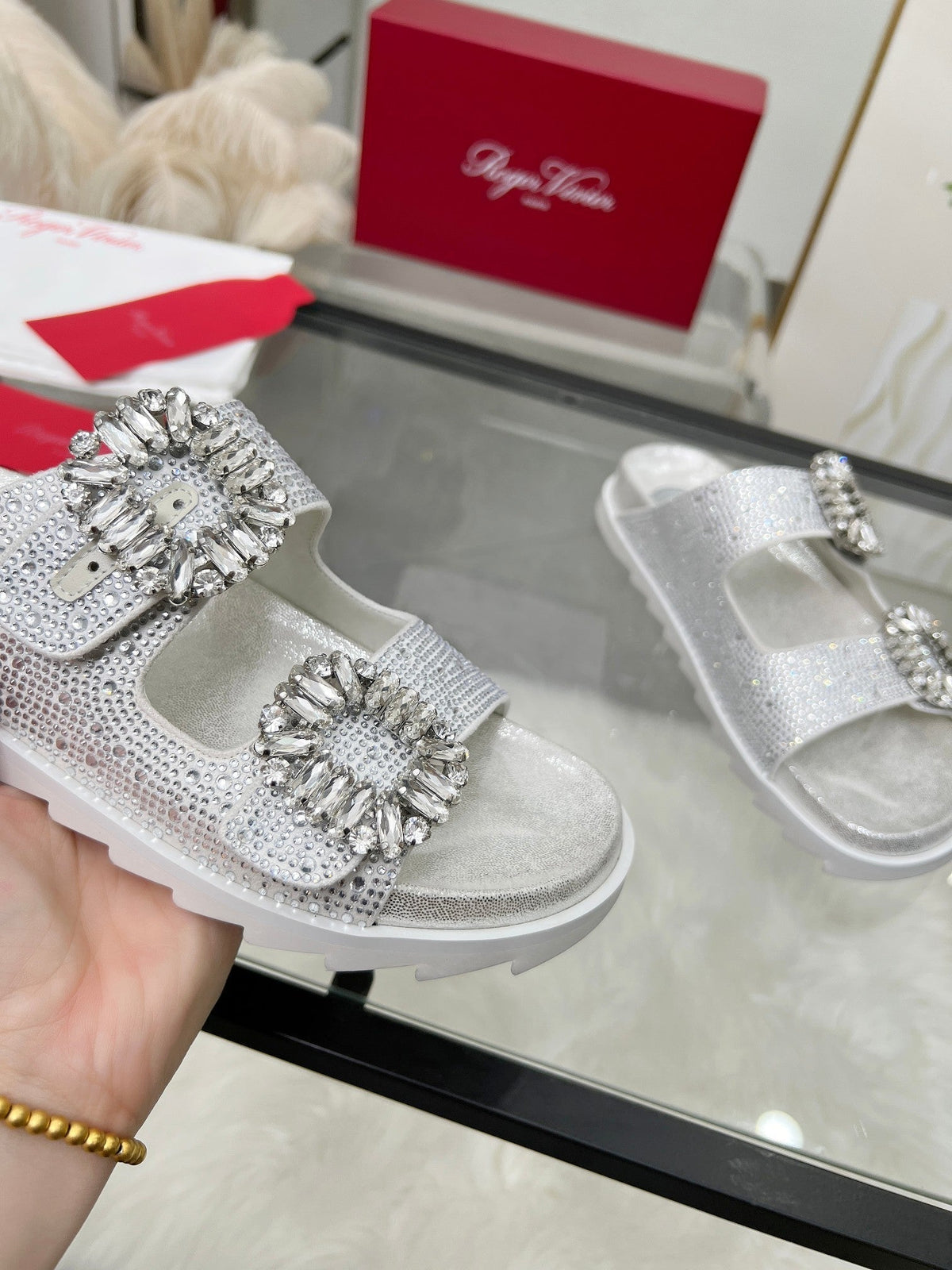 Viv 25 Slidy Diamond Slippers Silver PVC Silk Cowhide 259288