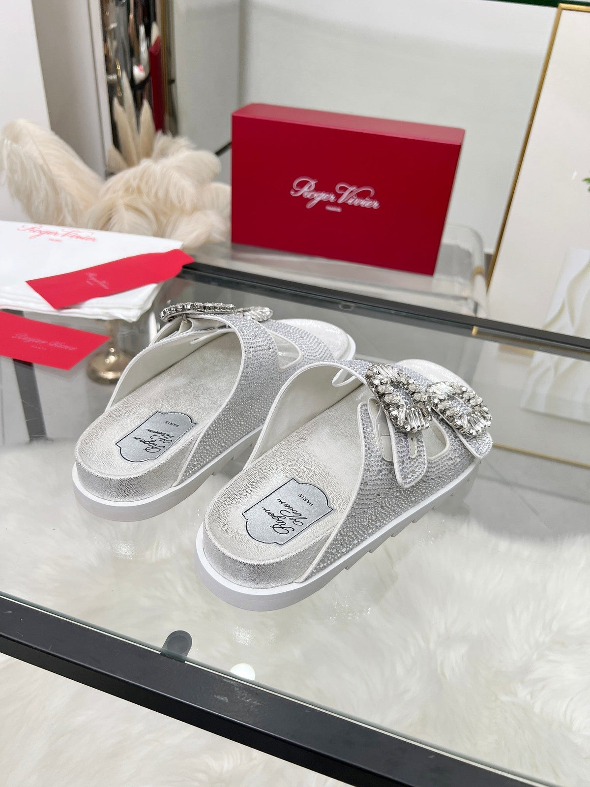 Viv 25 Slidy Diamond Slippers Silver PVC Silk Cowhide 259288