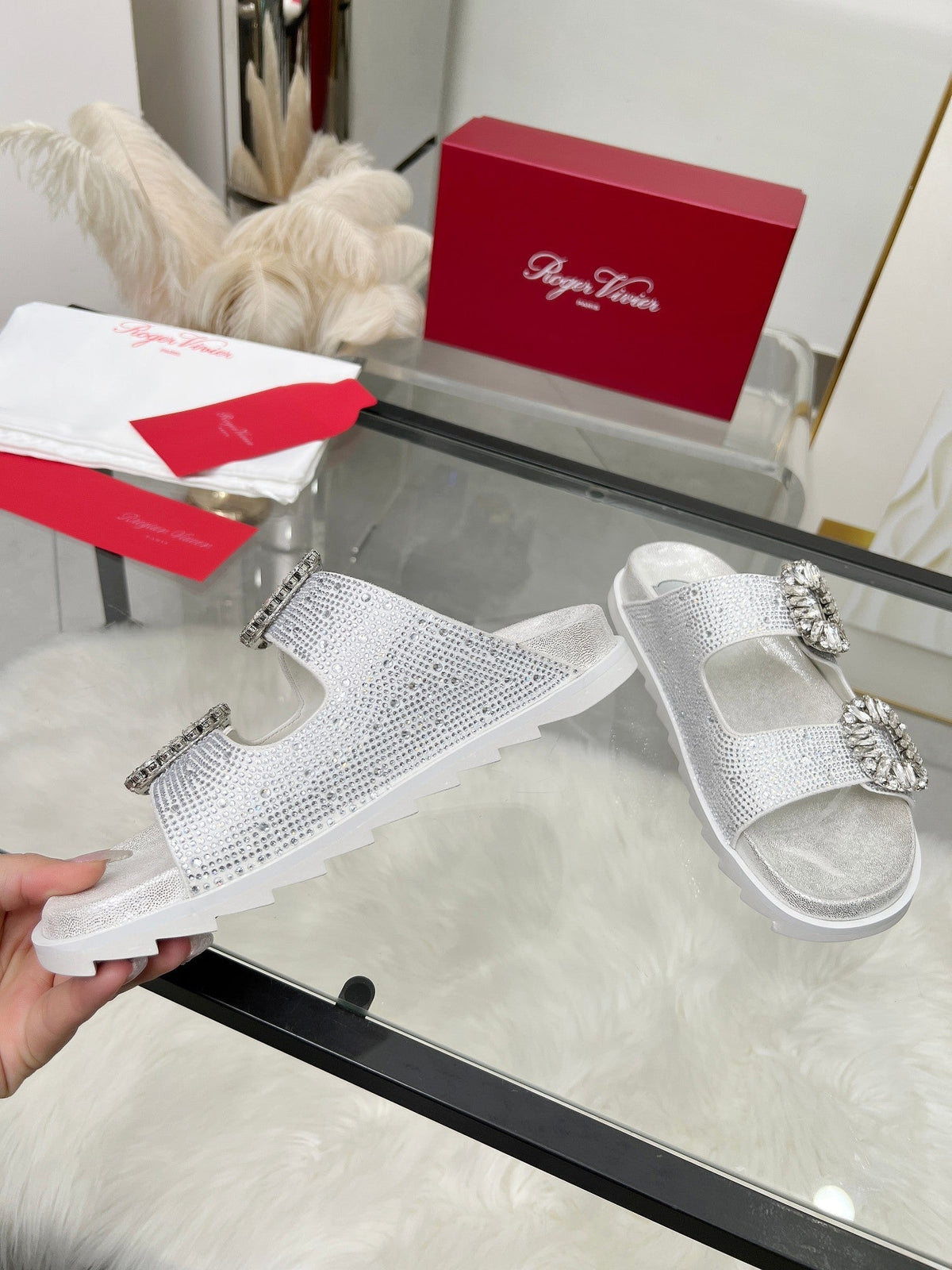 Viv 25 Slidy Diamond Slippers Silver PVC Silk Cowhide 259288