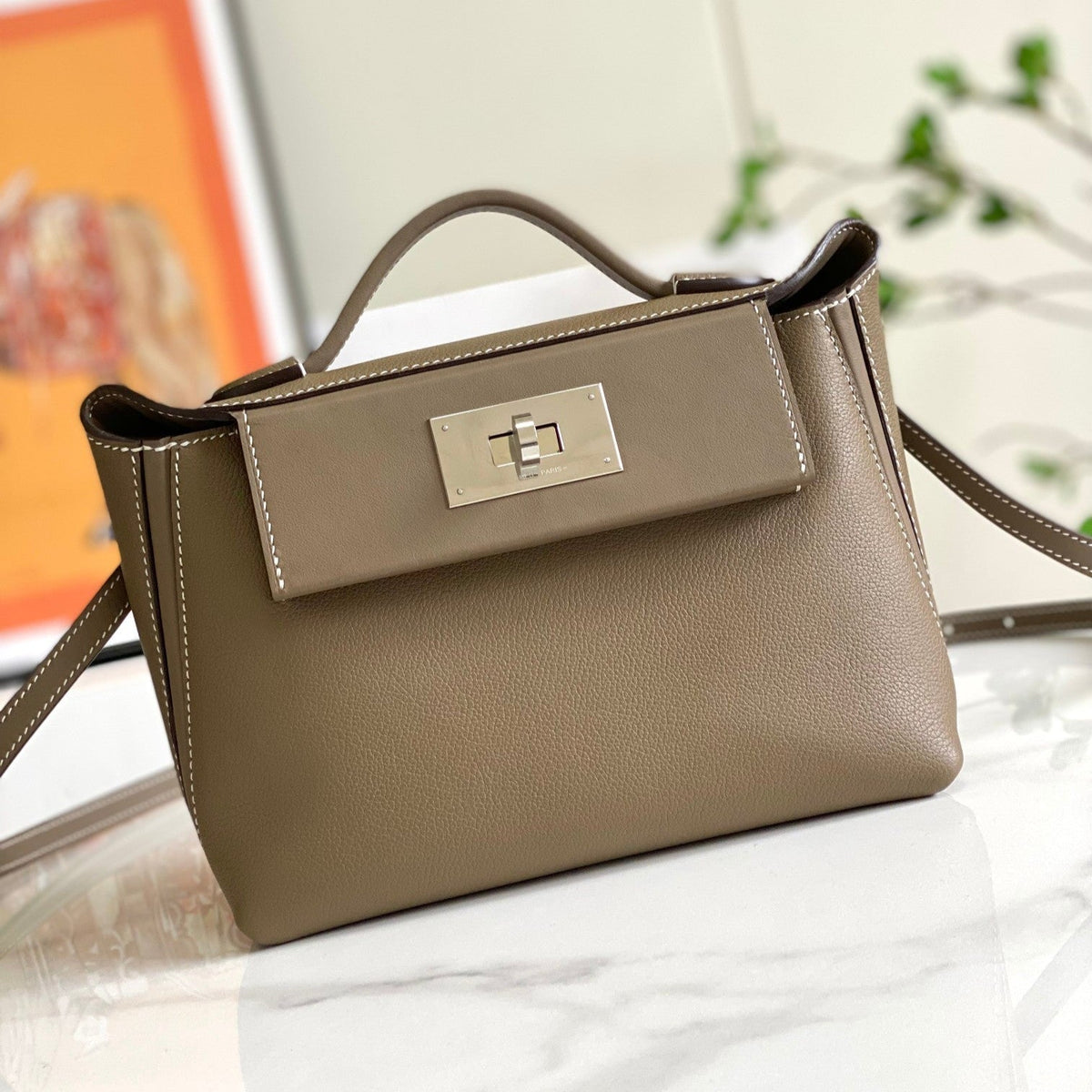 HM 24/24 Mini Bag 21cm Etoupe Evercolor Leather Silver Hardware