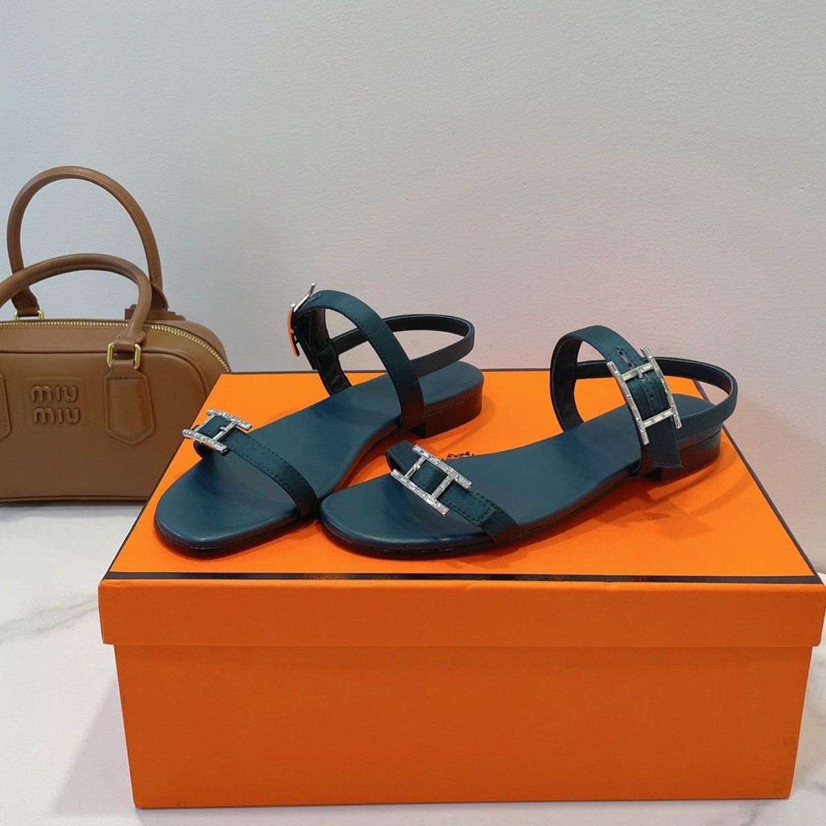 HM Paris Sandals Navy Blue Lamskin 374211