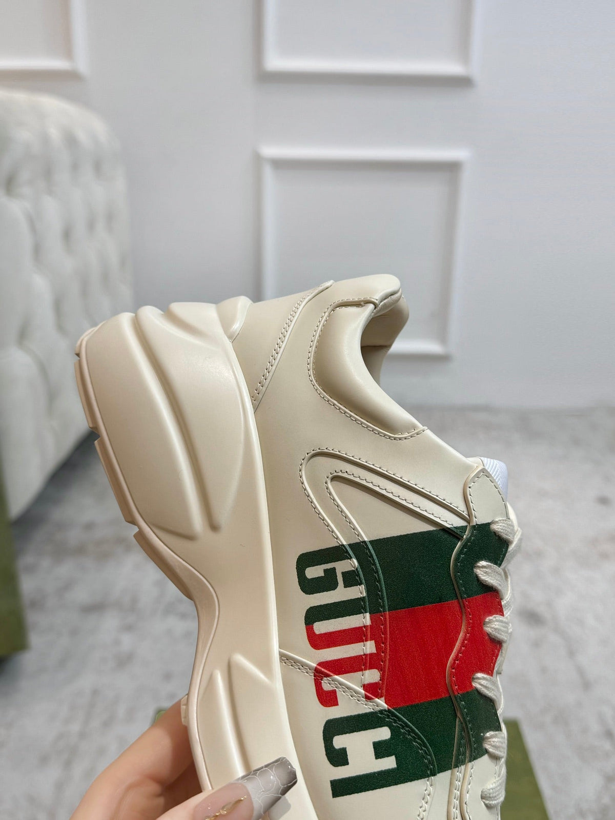 Gucci 2026 Rhyton Sneakers Ivory Cowhide With Web Stripes 988651