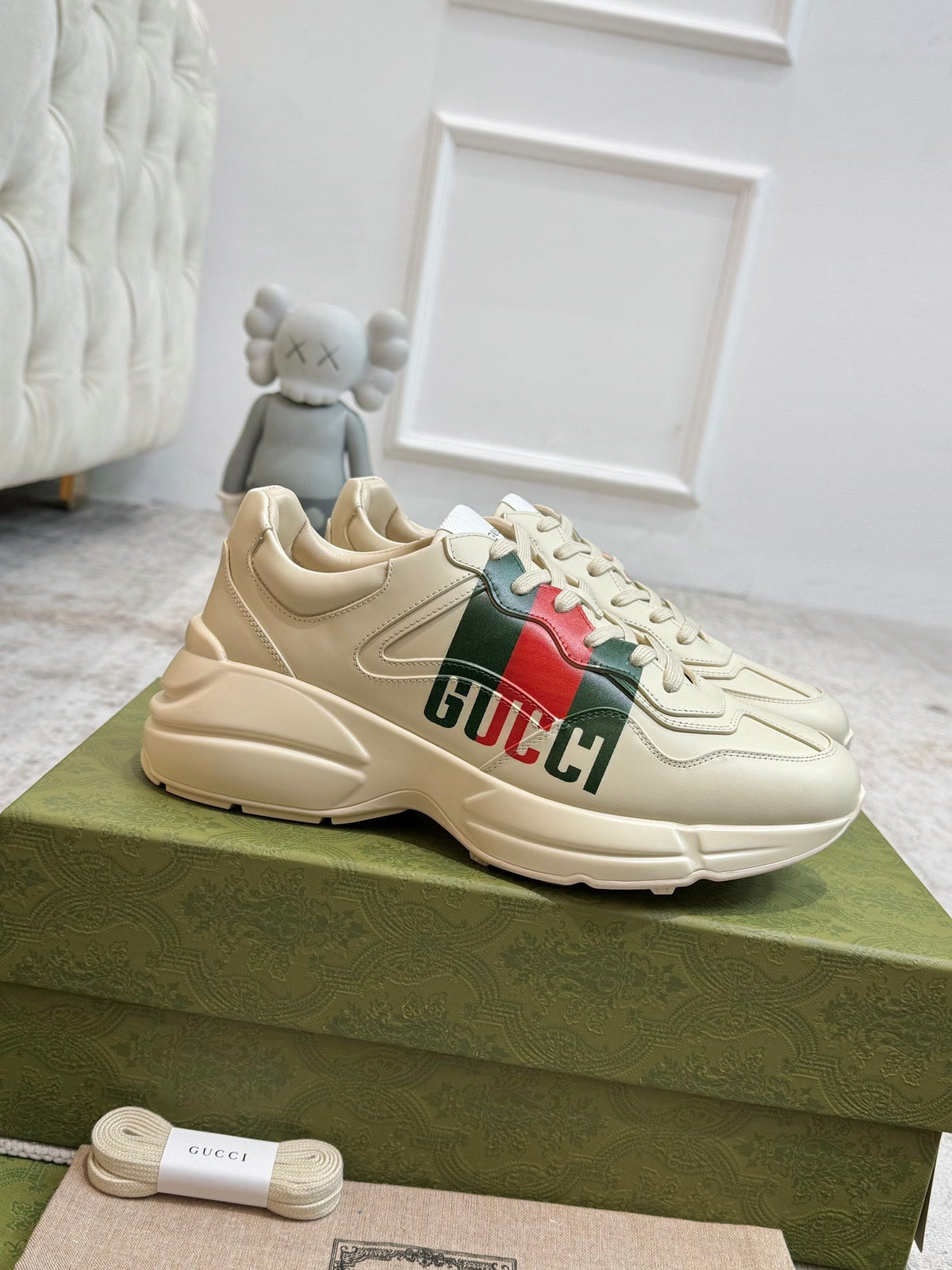 Gucci 2026 Rhyton Sneakers Ivory Cowhide With Web Stripes 988651