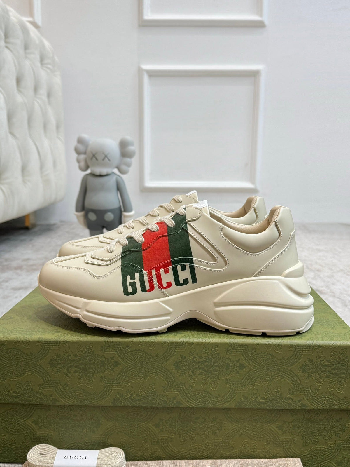 Gucci 2026 Rhyton Sneakers Ivory Cowhide With Web Stripes 988651