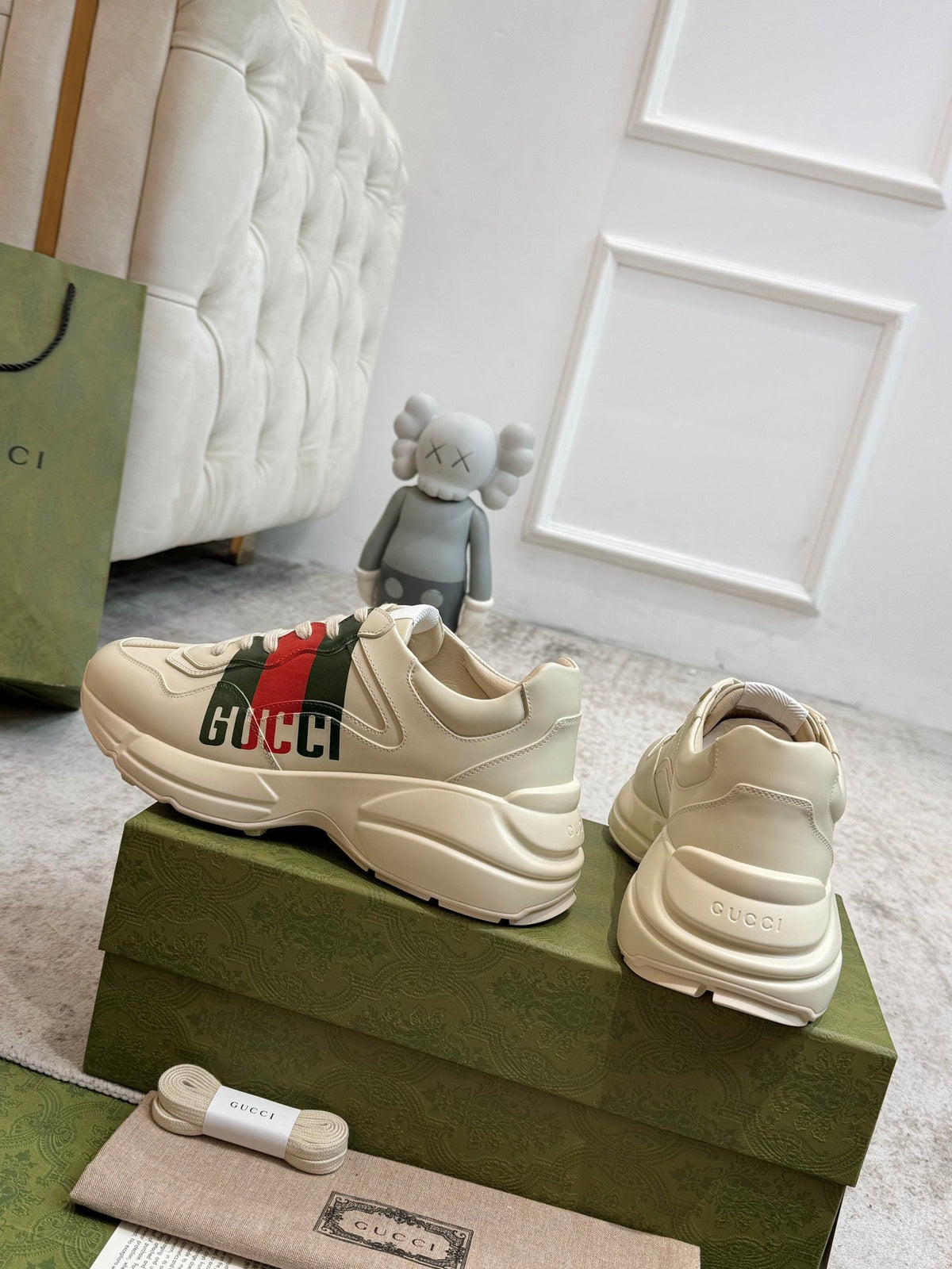 Gucci 2026 Rhyton Sneakers Ivory Cowhide With Web Stripes 988651