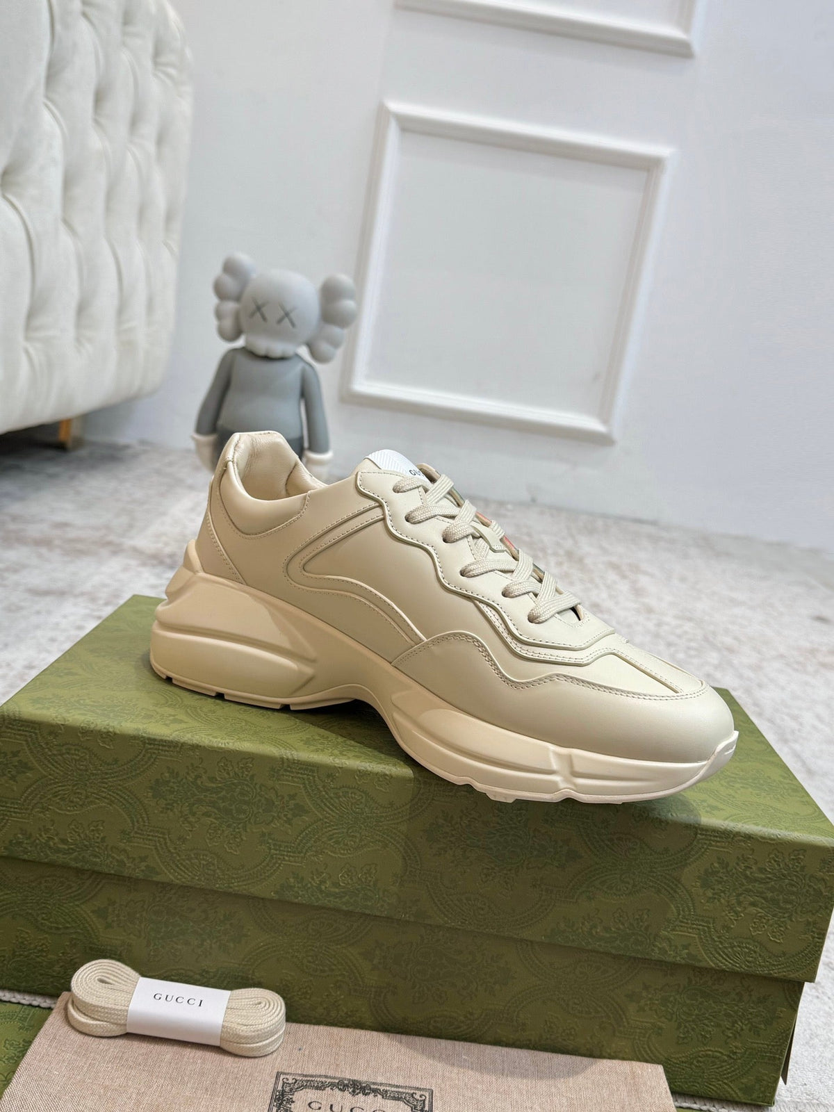 Gucci 2026 Rhyton Sneakers Ivory Cowhide With Web Stripes 988651