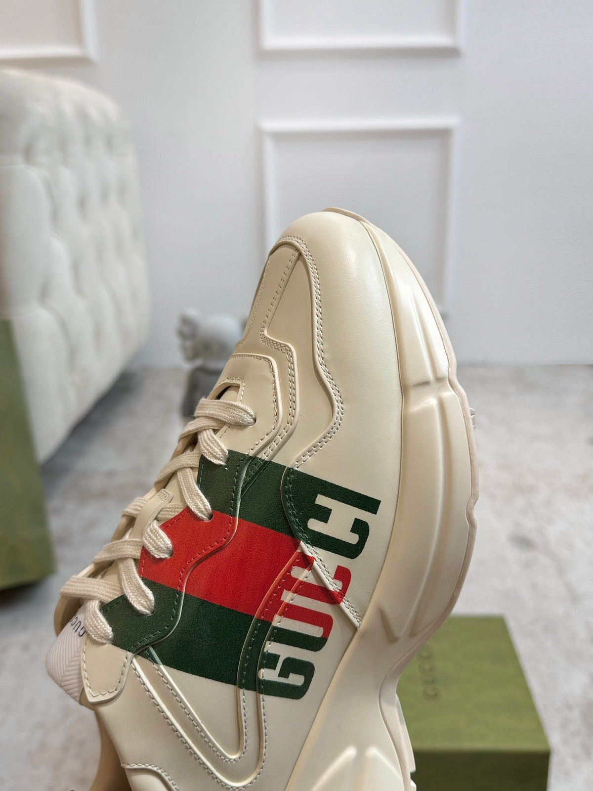 Gucci 2026 Rhyton Sneakers Ivory Cowhide With Web Stripes 988651