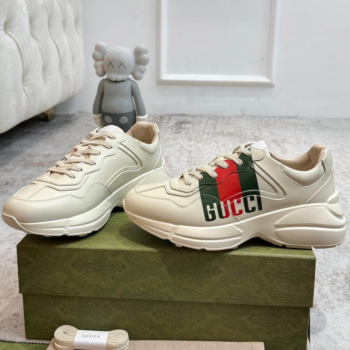 Gucci 2026 Rhyton Sneakers Ivory Cowhide With Web Stripes 988651