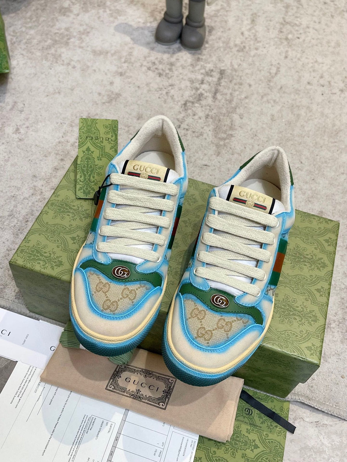 GG 26ss Screener Sneaker Beige Blue Green Cowhide 697181