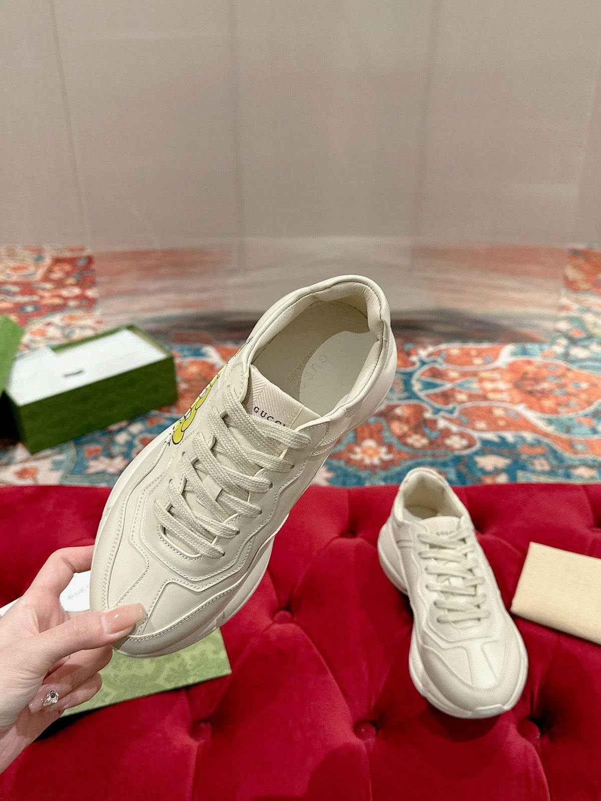 Gucci 2026 Rhyton Sneakers Ivory Cowhide With Cartoon Flame Pattern 988884