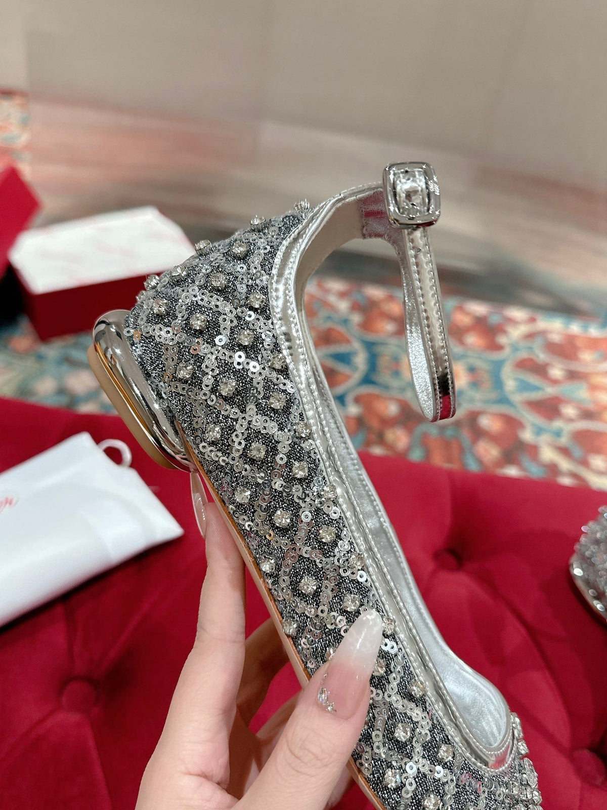 Viv 25 Mary Jane Flats Silver Fabric Rhinestone  247124