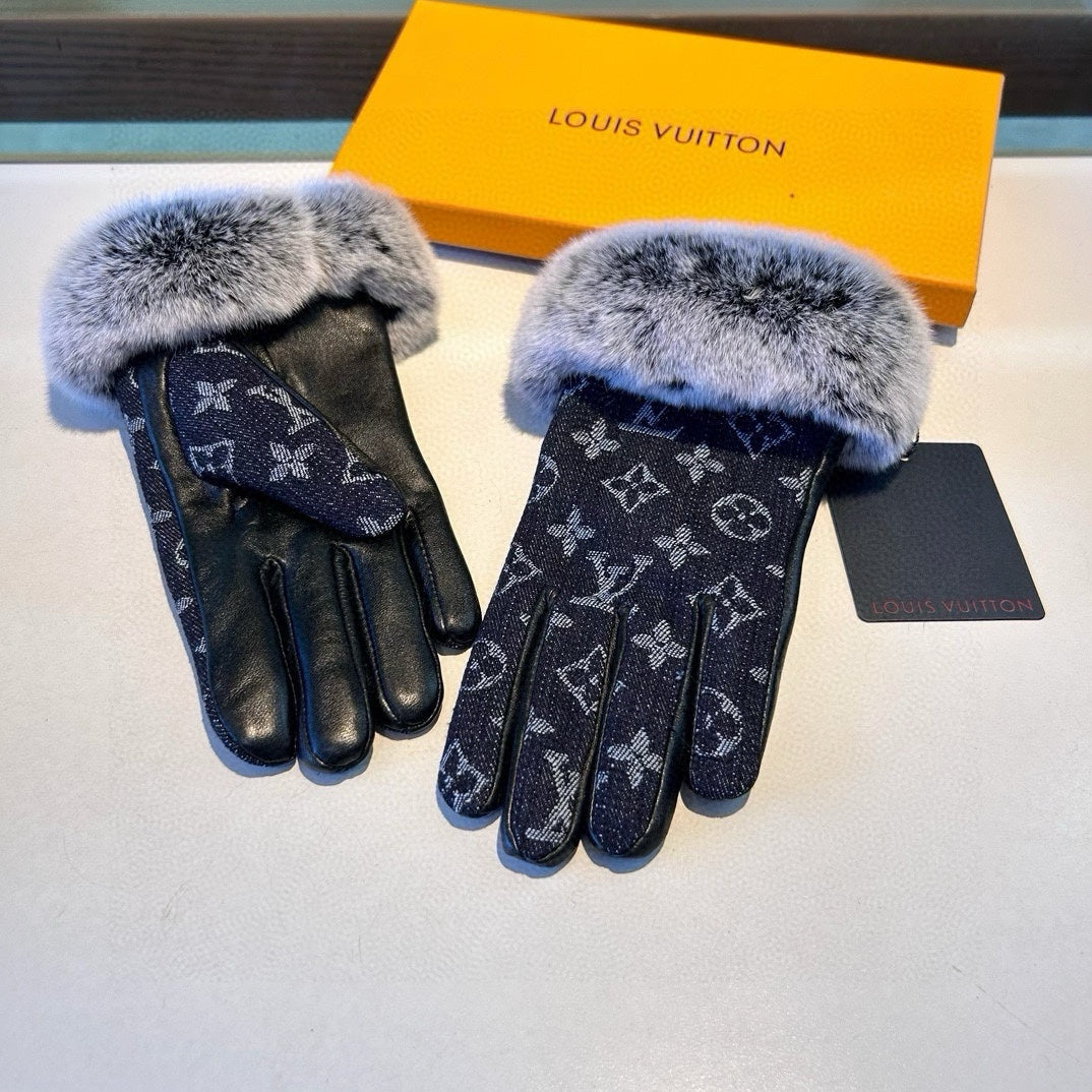 LV Gloves In Black Denim Fabric And Rabbit Fur 469630