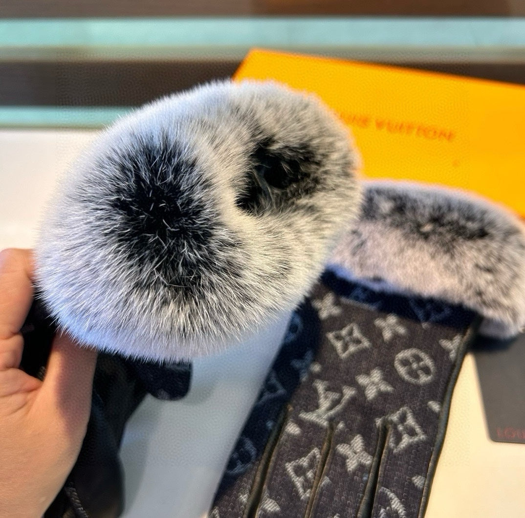 LV Gloves In Black Denim Fabric And Rabbit Fur 469630