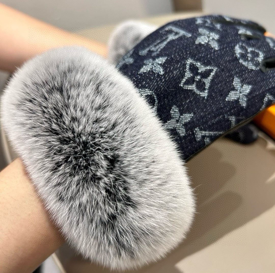 LV Gloves In Black Denim Fabric And Rabbit Fur 469630