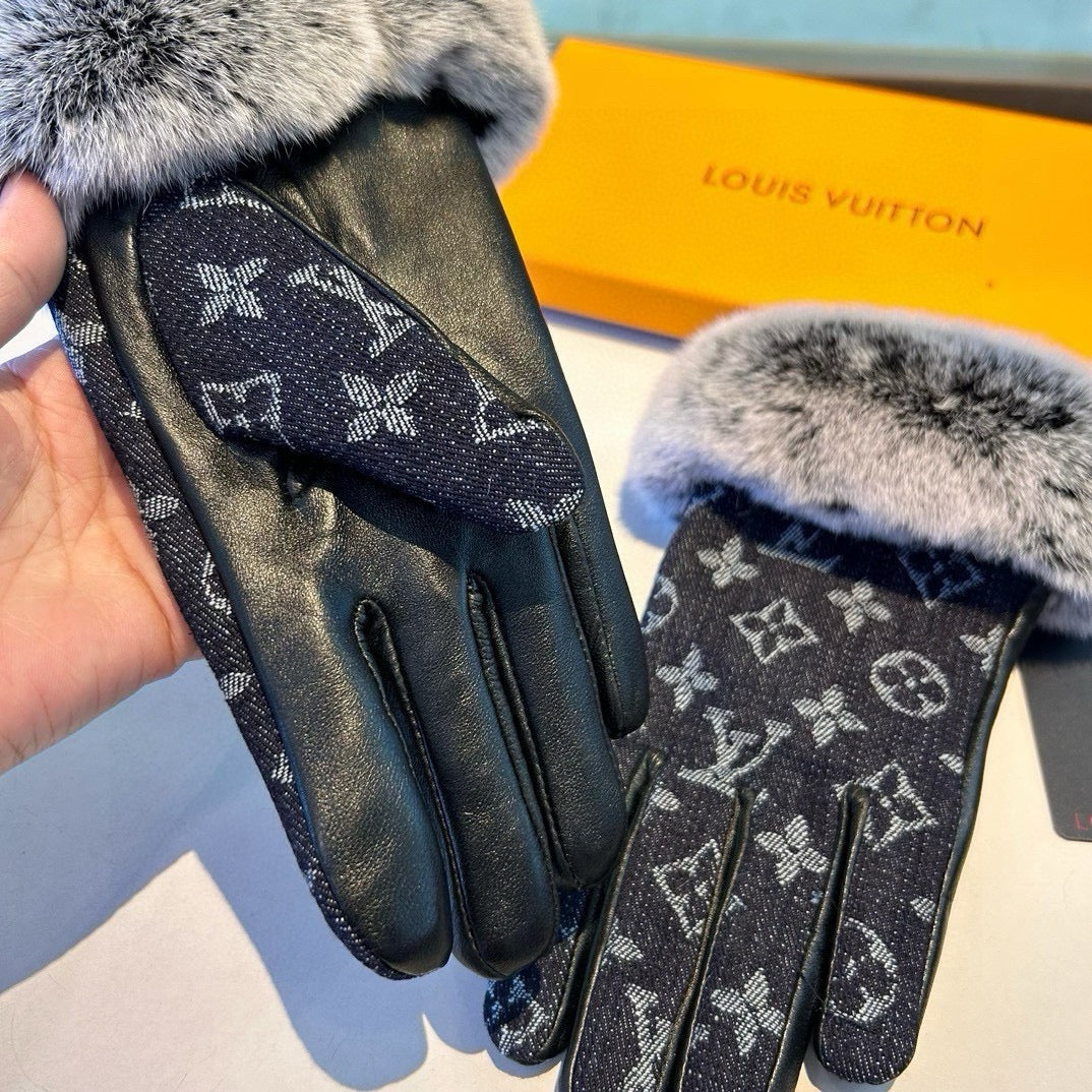 LV Gloves In Black Denim Fabric And Rabbit Fur 469630