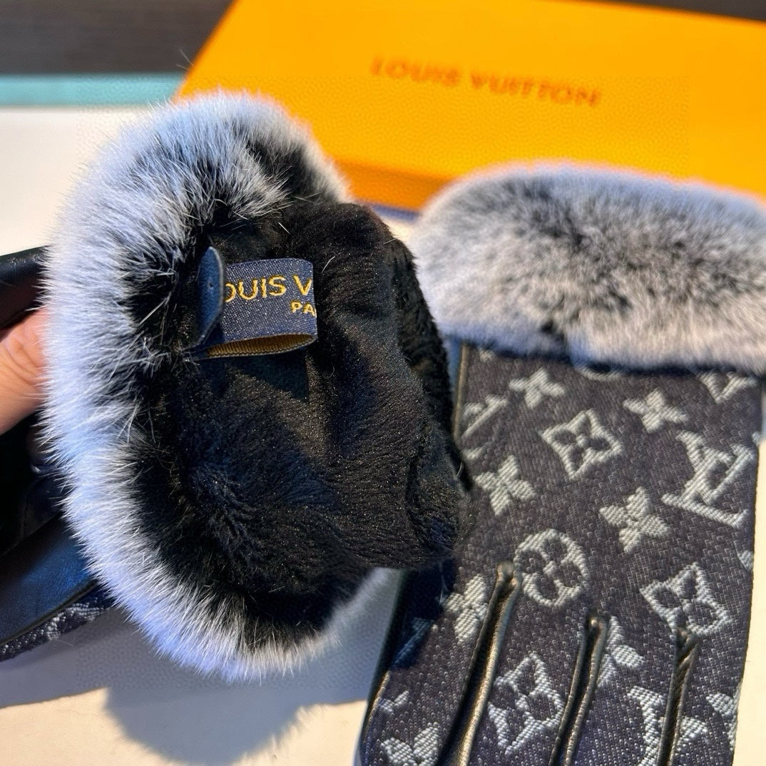 LV Gloves In Black Denim Fabric And Rabbit Fur 469630