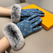 LV Gloves In Blue Denim Fabric And Rabbit Fur 469631