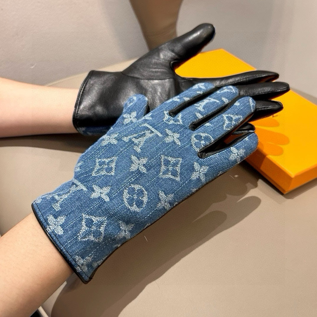 LV Gloves In Blue Denim Fabric And Lambskin 470709