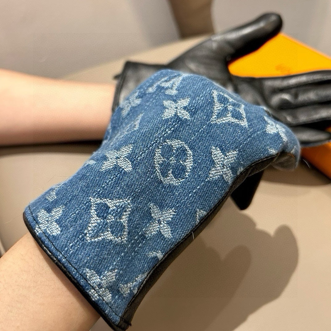 LV Gloves In Blue Denim Fabric And Lambskin 470709