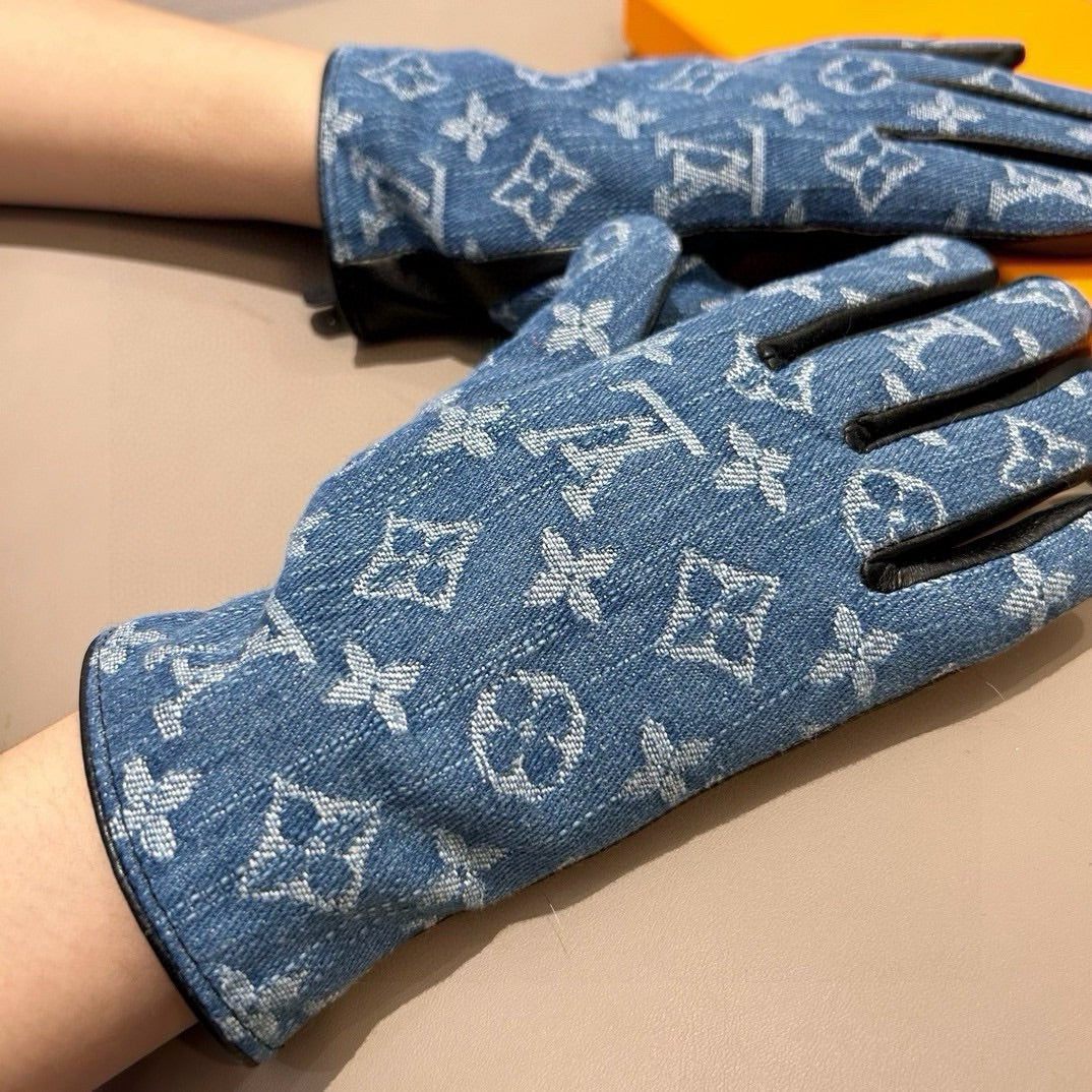 LV Gloves In Blue Denim Fabric And Lambskin 470709