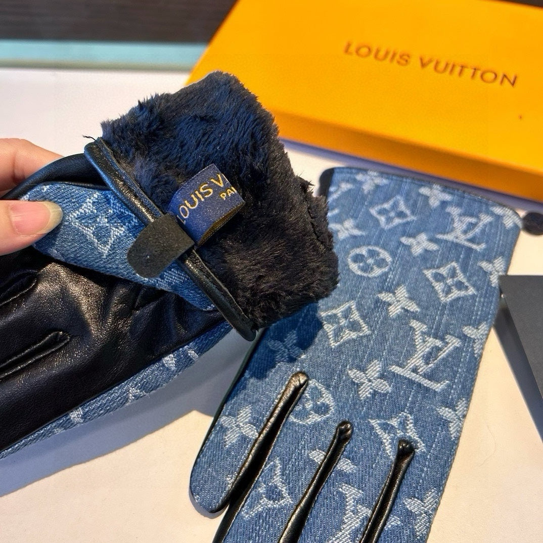 LV Gloves In Blue Denim Fabric And Lambskin 470709