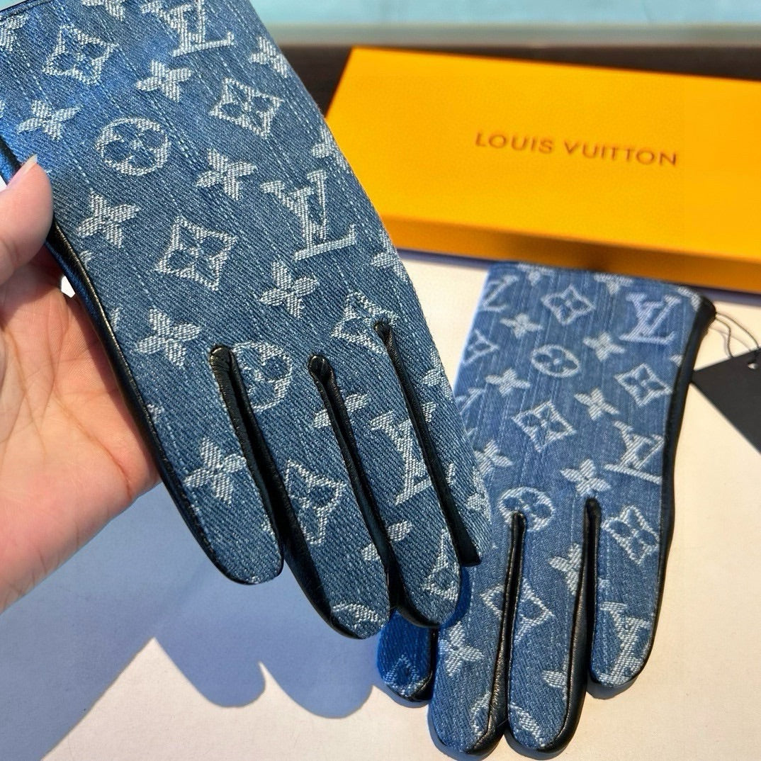 LV Gloves In Blue Denim Fabric And Lambskin 470709