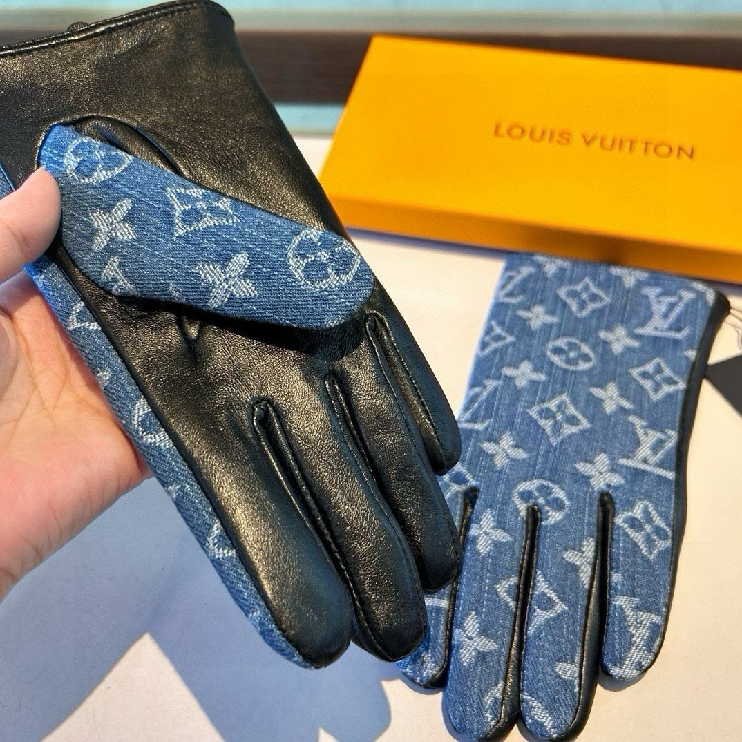 LV Gloves In Blue Denim Fabric And Lambskin 470709