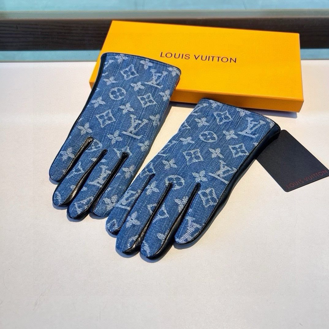 LV Gloves In Blue Denim Fabric And Lambskin 470709