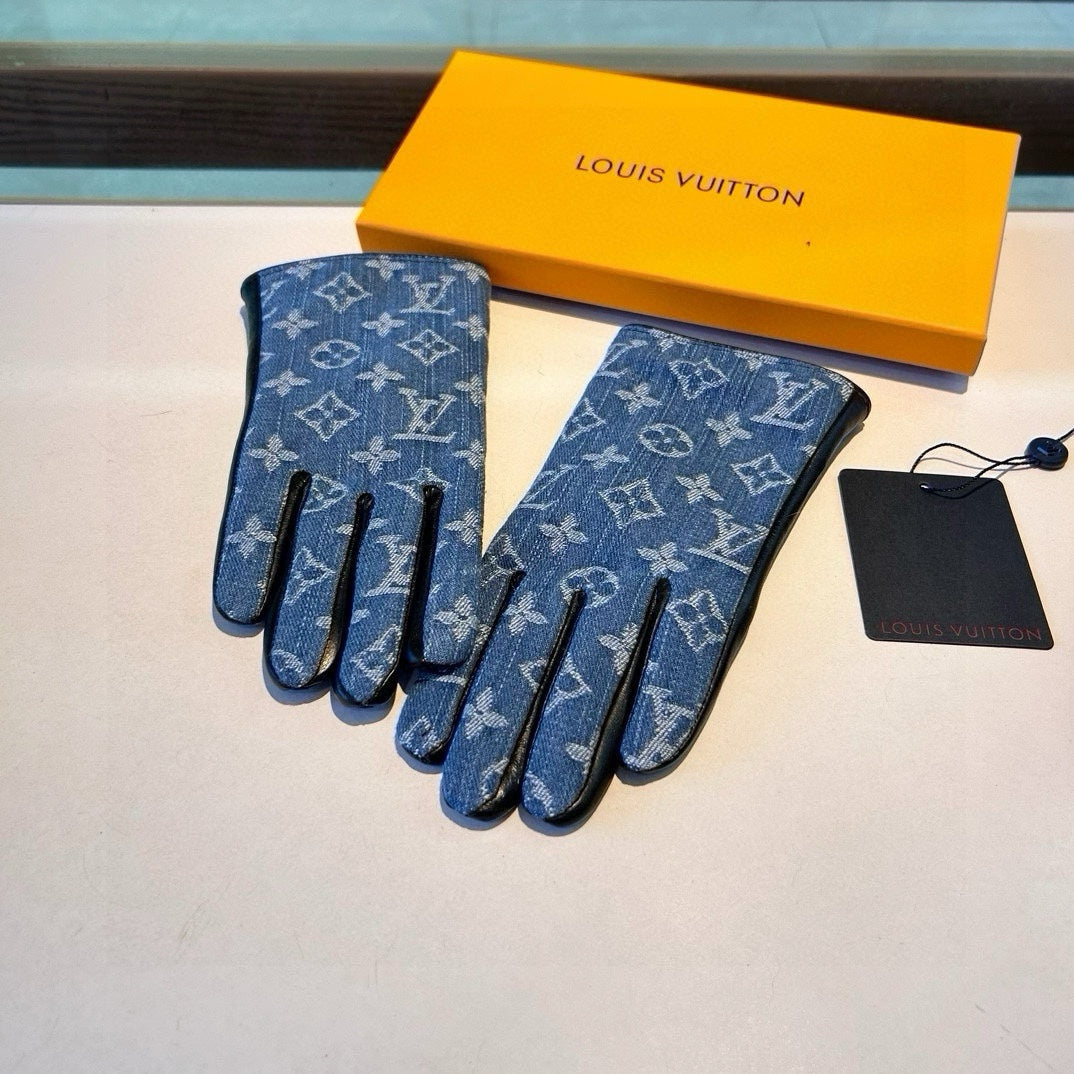 LV Gloves In Blue Denim Fabric And Lambskin 470709