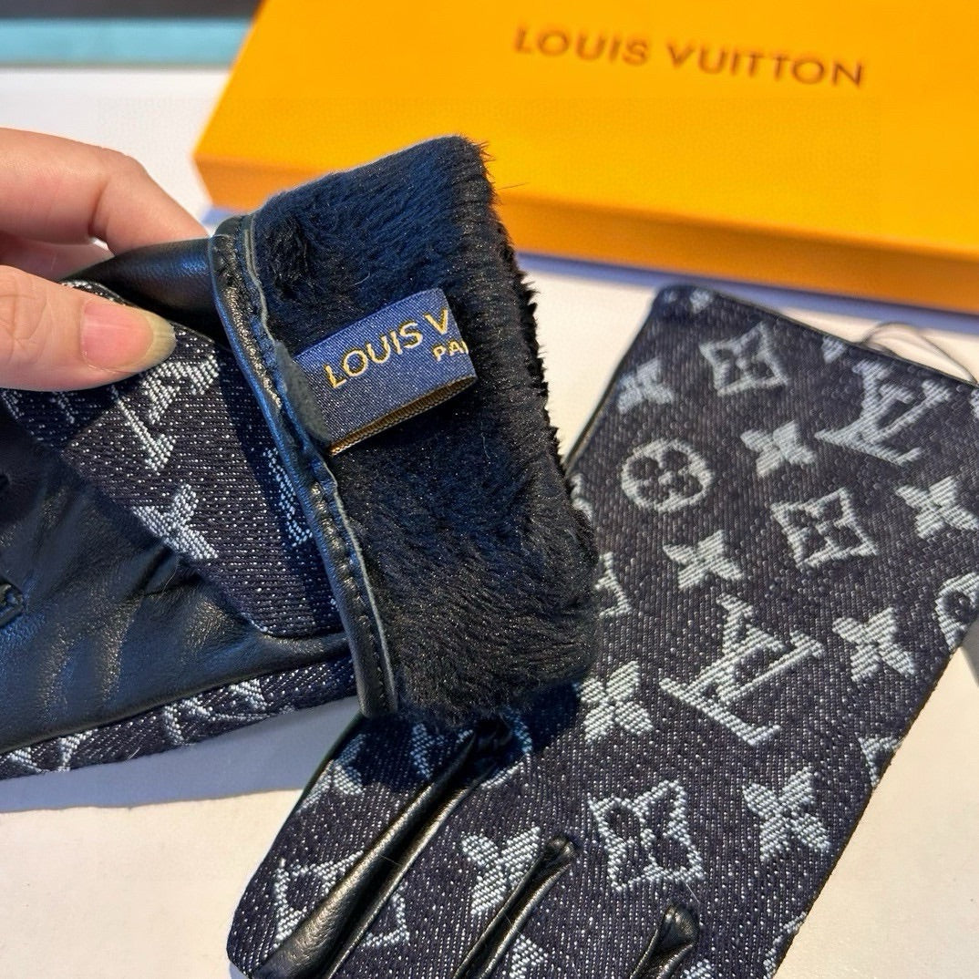 LV Gloves In Black Denim Fabric And Lambskin 470710
