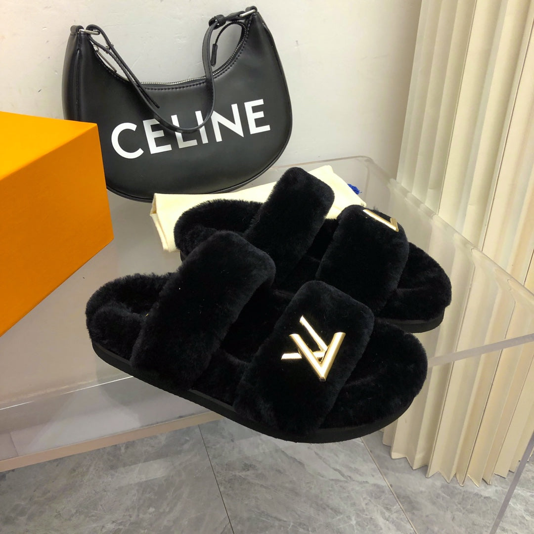 LV Sunset Comfort Flat Mule Black Fleece