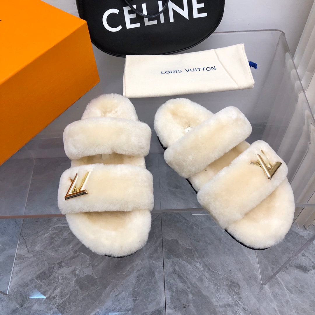LV Sunset Comfort Flat Mule White Fleece