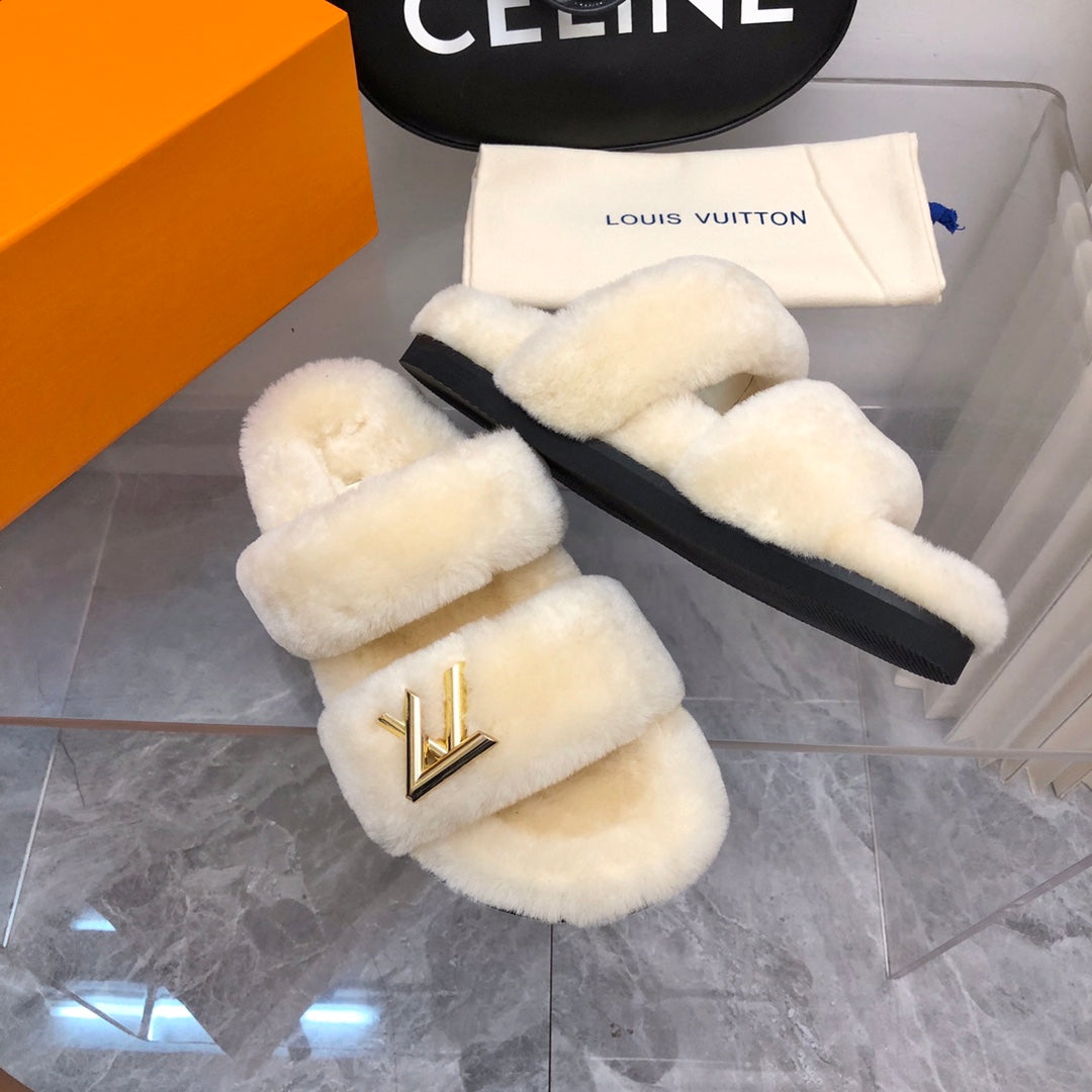 LV Sunset Comfort Flat Mule White Fleece