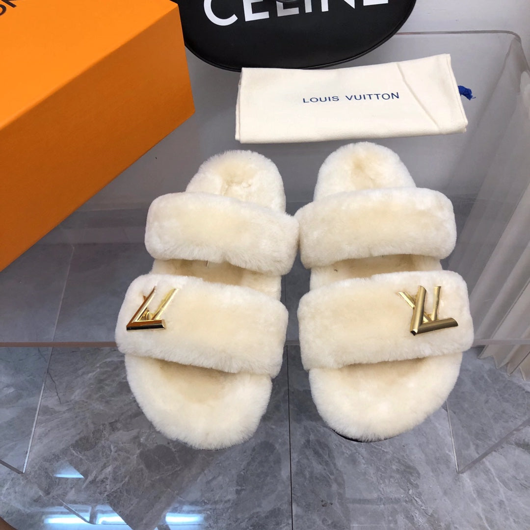LV Sunset Comfort Flat Mule White Fleece