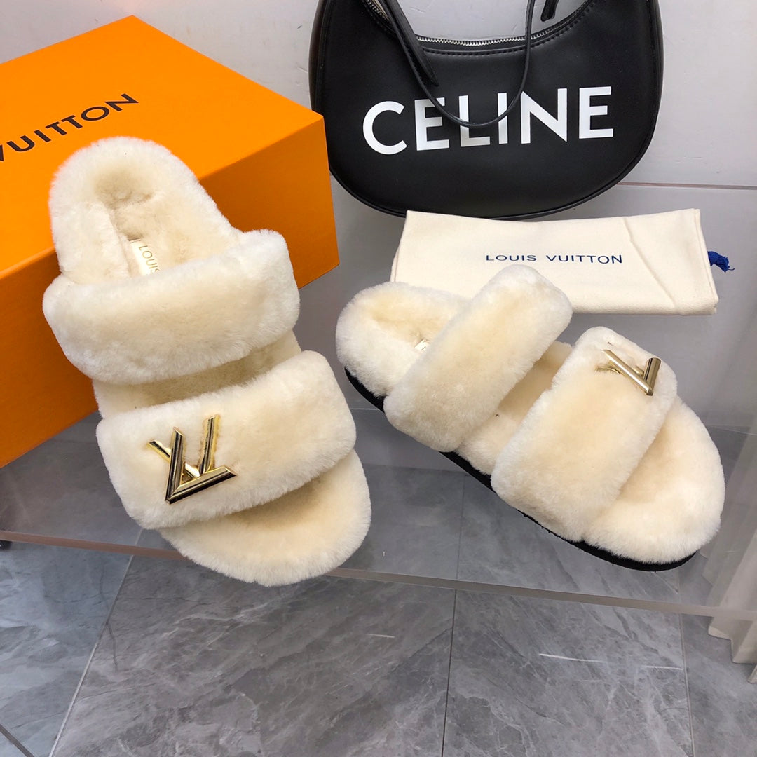 LV Sunset Comfort Flat Mule White Fleece