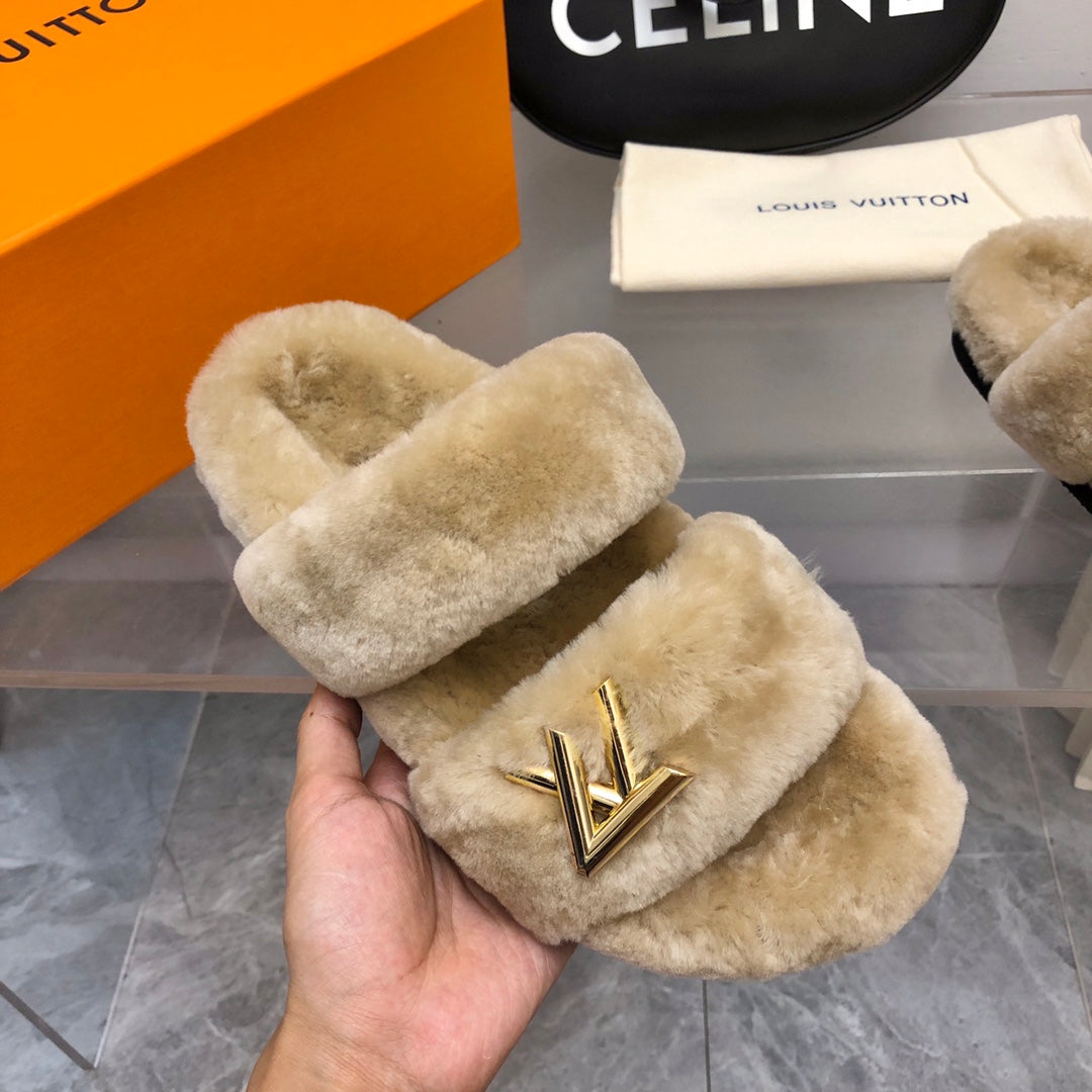 LV Sunset Comfort Flat Mule Light Brown Fleece
