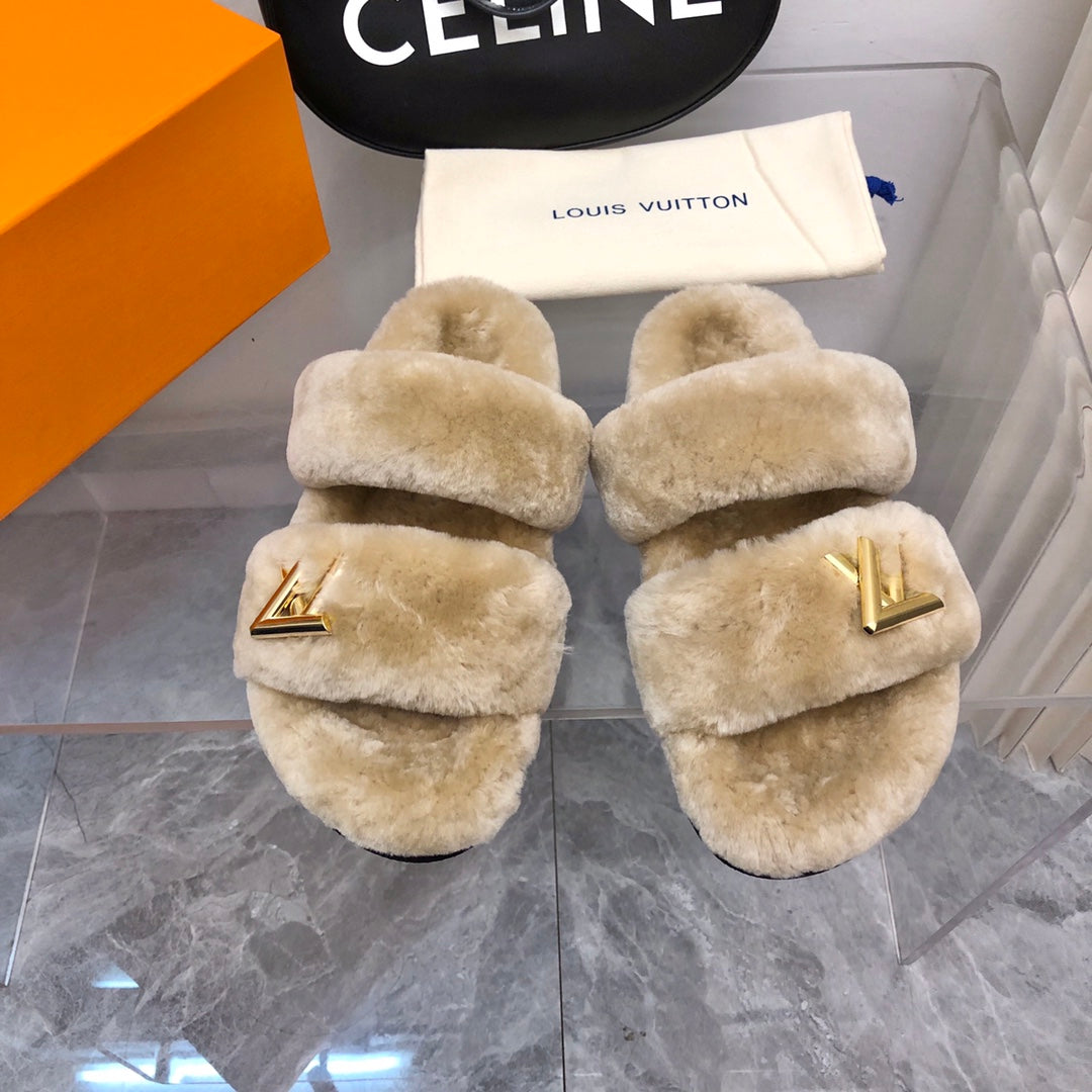 LV Sunset Comfort Flat Mule Light Brown Fleece