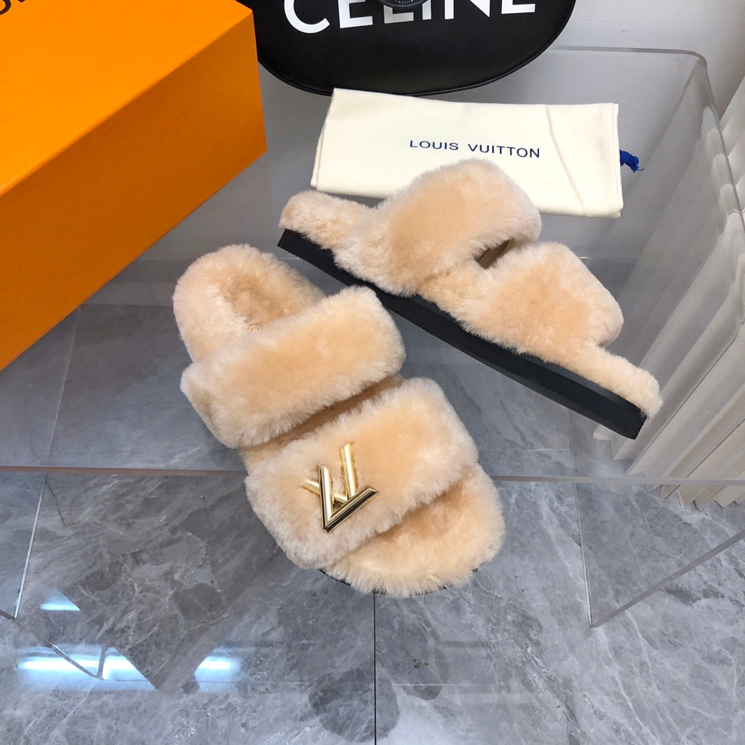 LV Sunset Comfort Flat Mule Beige Fleece