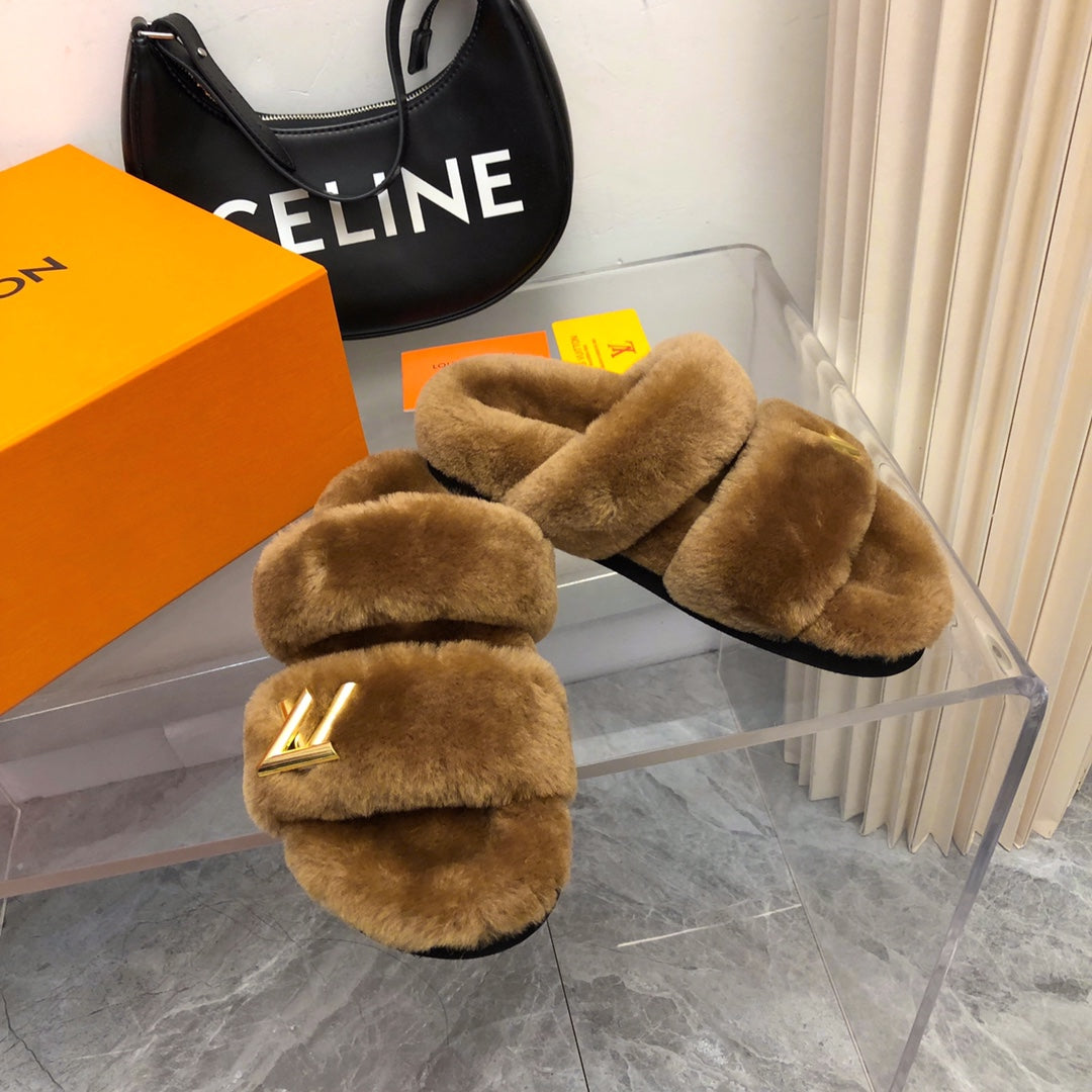 LV Sunset Comfort Flat Mule Brown Yellow Fleece