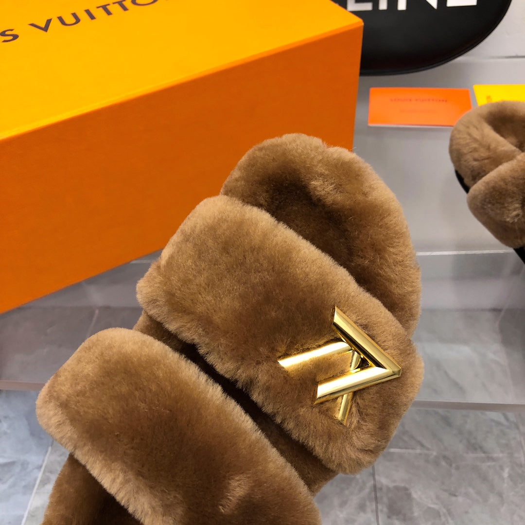 LV Sunset Comfort Flat Mule Brown Yellow Fleece