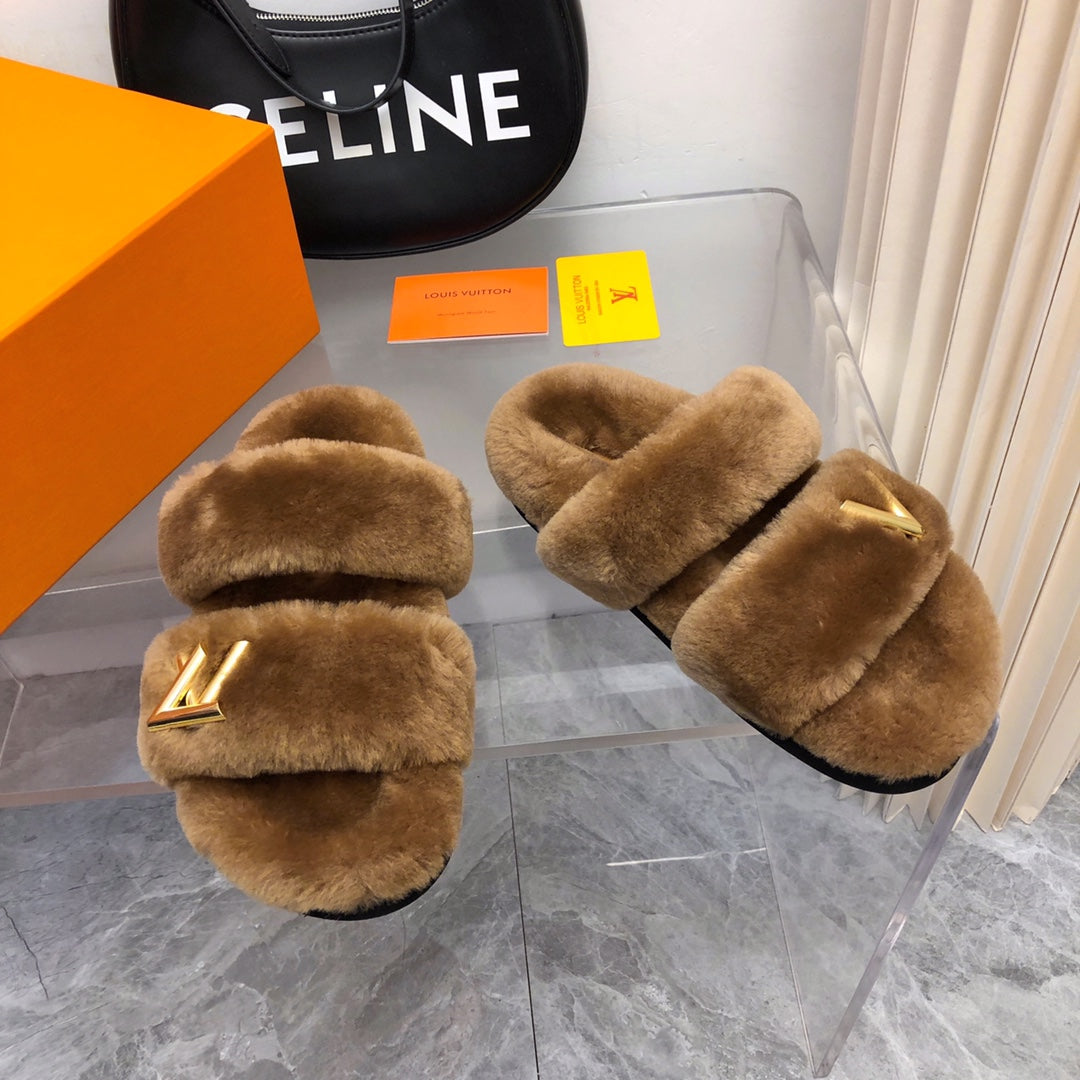 LV Sunset Comfort Flat Mule Brown Yellow Fleece