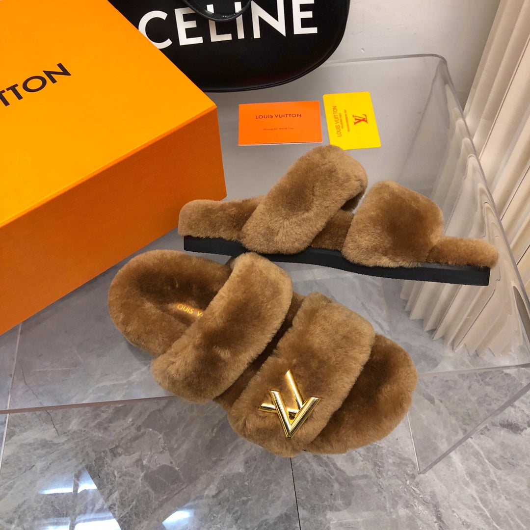 LV Sunset Comfort Flat Mule Brown Yellow Fleece