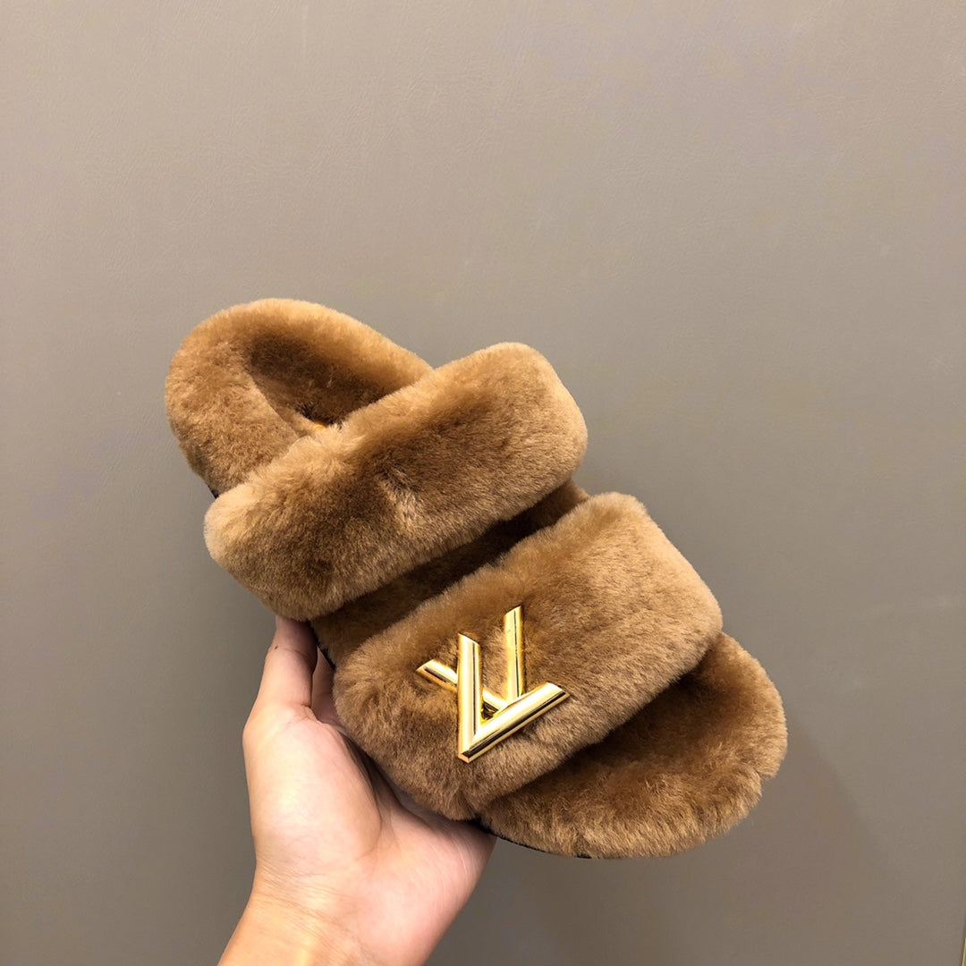 LV Sunset Comfort Flat Mule Brown Yellow Fleece
