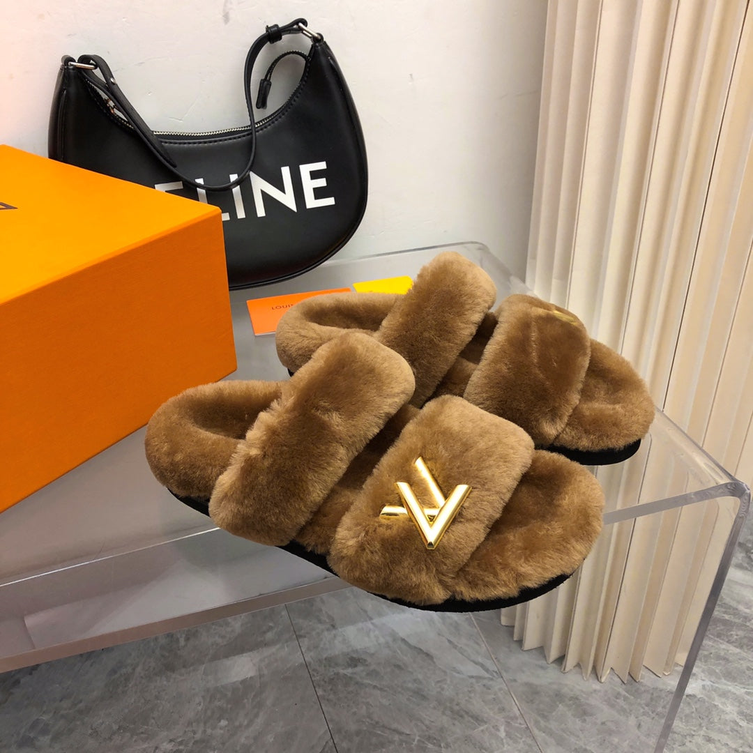 LV Sunset Comfort Flat Mule Brown Yellow Fleece
