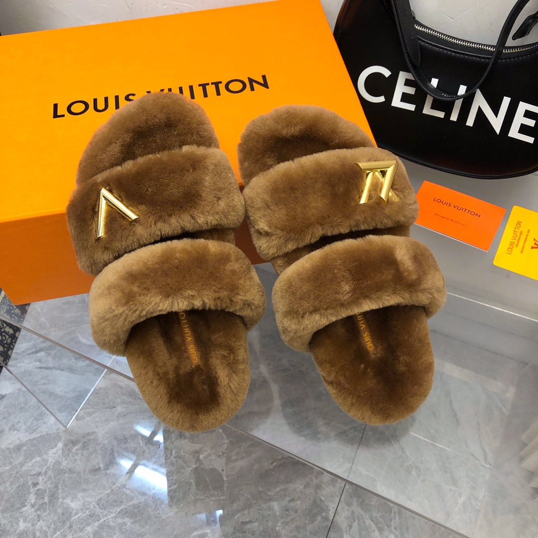 LV Sunset Comfort Flat Mule Brown Yellow Fleece