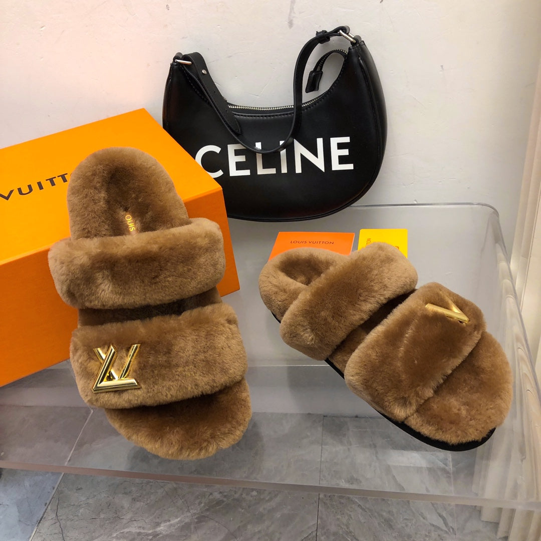 LV Sunset Comfort Flat Mule Brown Yellow Fleece