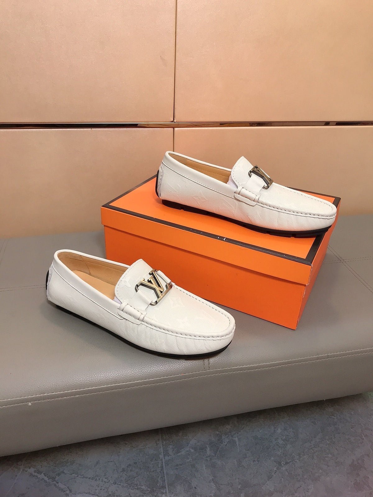 LV LOAFERS IN WHITE CALFSKIN WITH BRANDED EMBOSSING