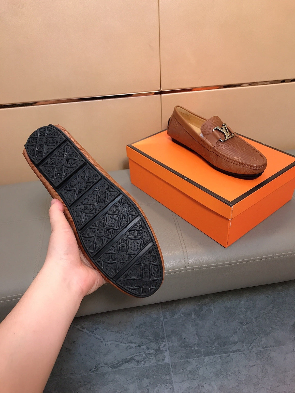 LV LOAFERS IN RUSSET BROWN CALFSKIN WITH BRANDED EMBOSSING